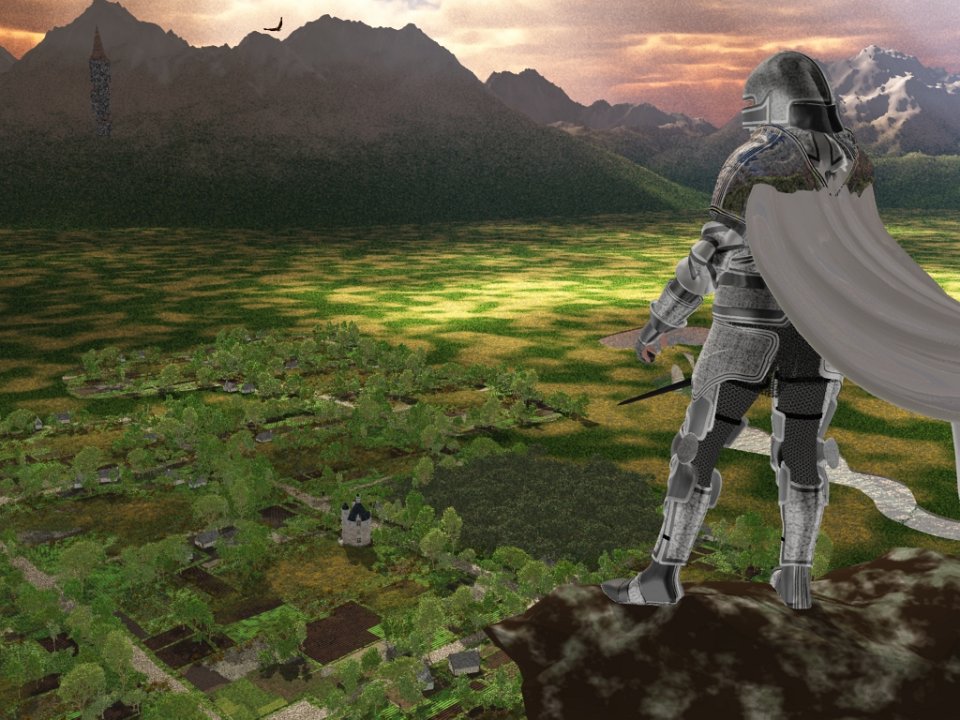 New Knight02.jpg - "A New Knight in Alair"After twenty-four years in retirement, the paladin Geriant of Alqualin returns to the table, reinvented as a 3rd edition character and inserted into the world of Alair. This was the first version of the scene, with the knight atop a mountain contemplating his new world laid out below him.